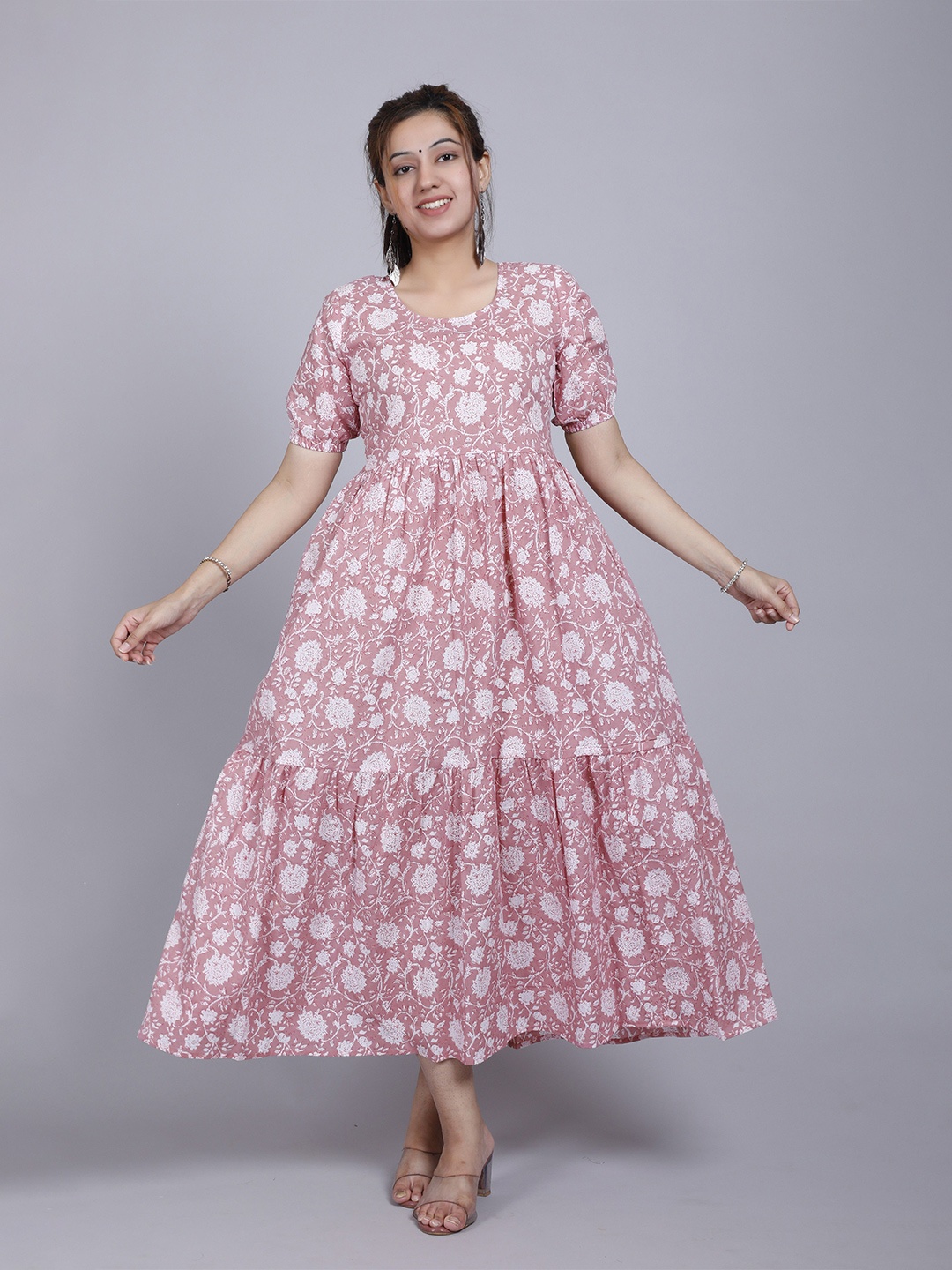 

Twirl Tales Women Floral Printed Puff Sleeves Cotton Maxi Dress, Pink