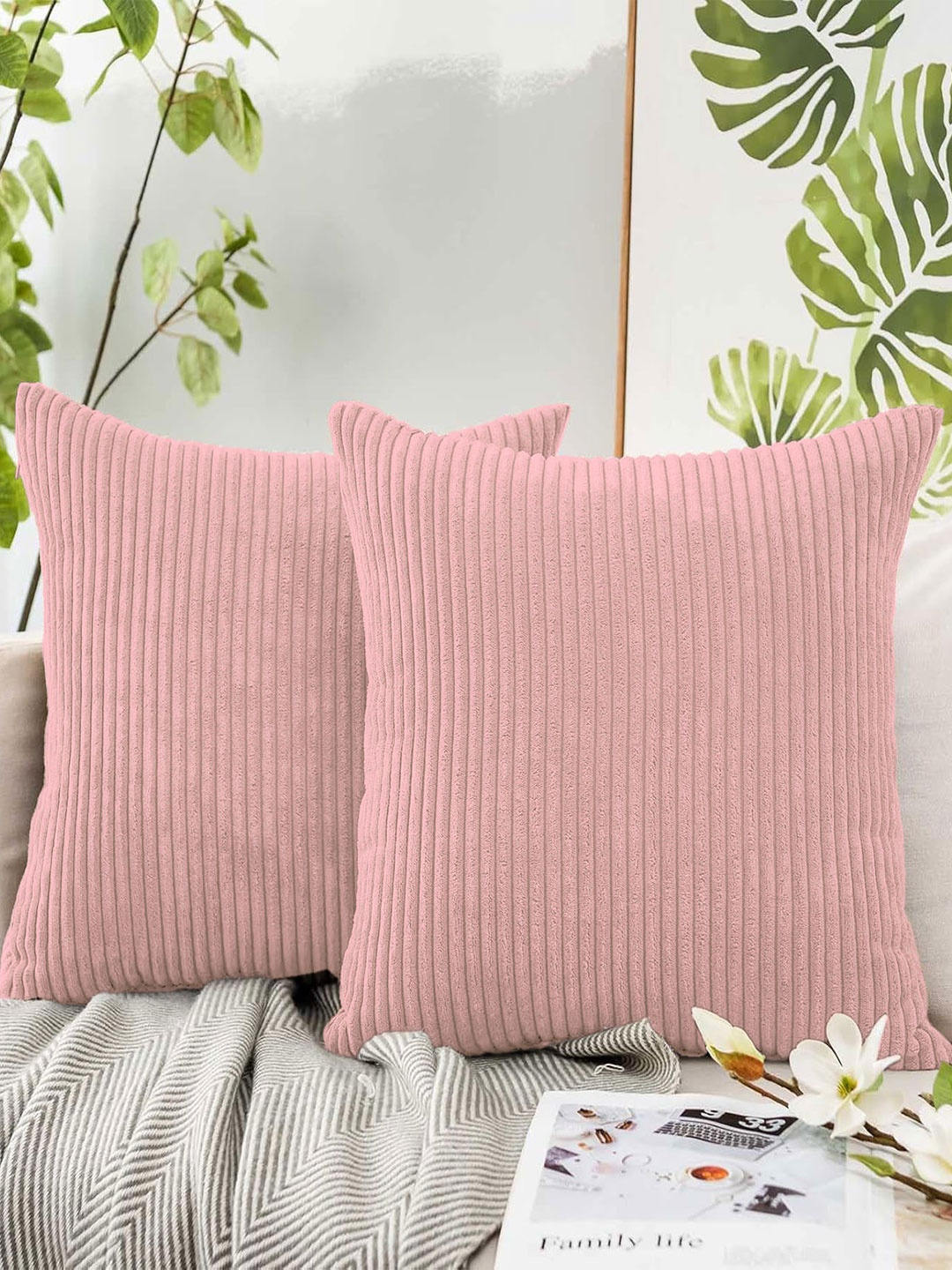 

LUXEHOME INTERNATIONAL Peach 2 Pieces Striped Printed Square Cushion Covers