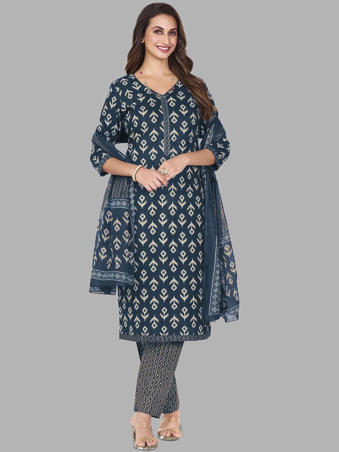 

Simmu Floral Printed V-Neck Pure Cotton Straight Kurta With Trouser & Dupatta, Blue