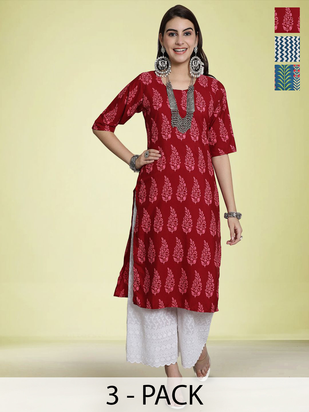 

Moda Rapido Selection Of 3 Geometric Printed Round Neck Straight Kurtas, Red