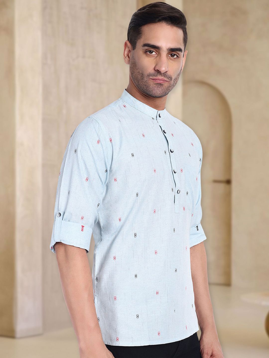 

Tesmare Band Collar Cotton Straight Short Kurta, Blue