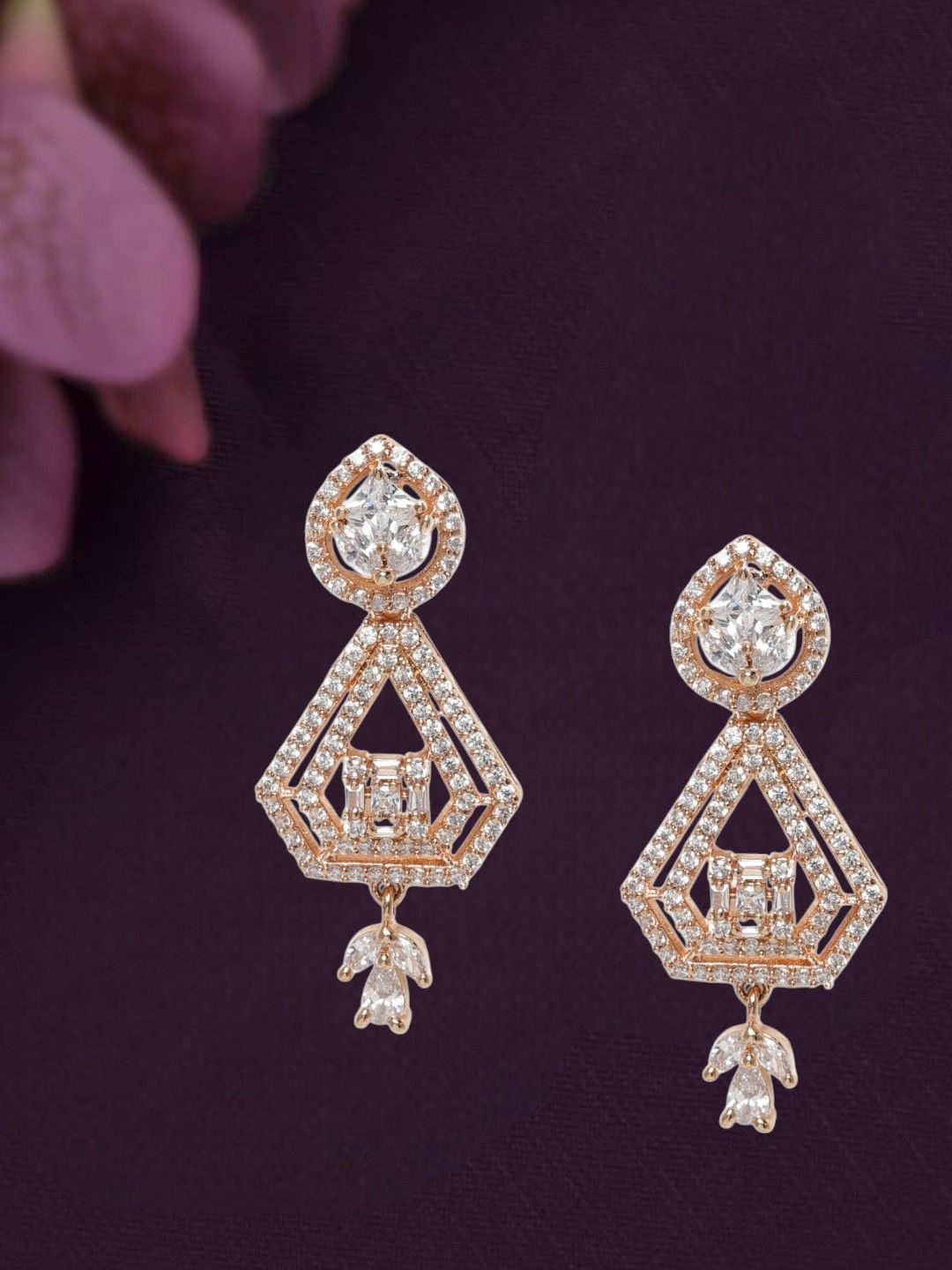 

House of Pataudi American Diamond Studded Contemporary Drop Earrings, Rose gold