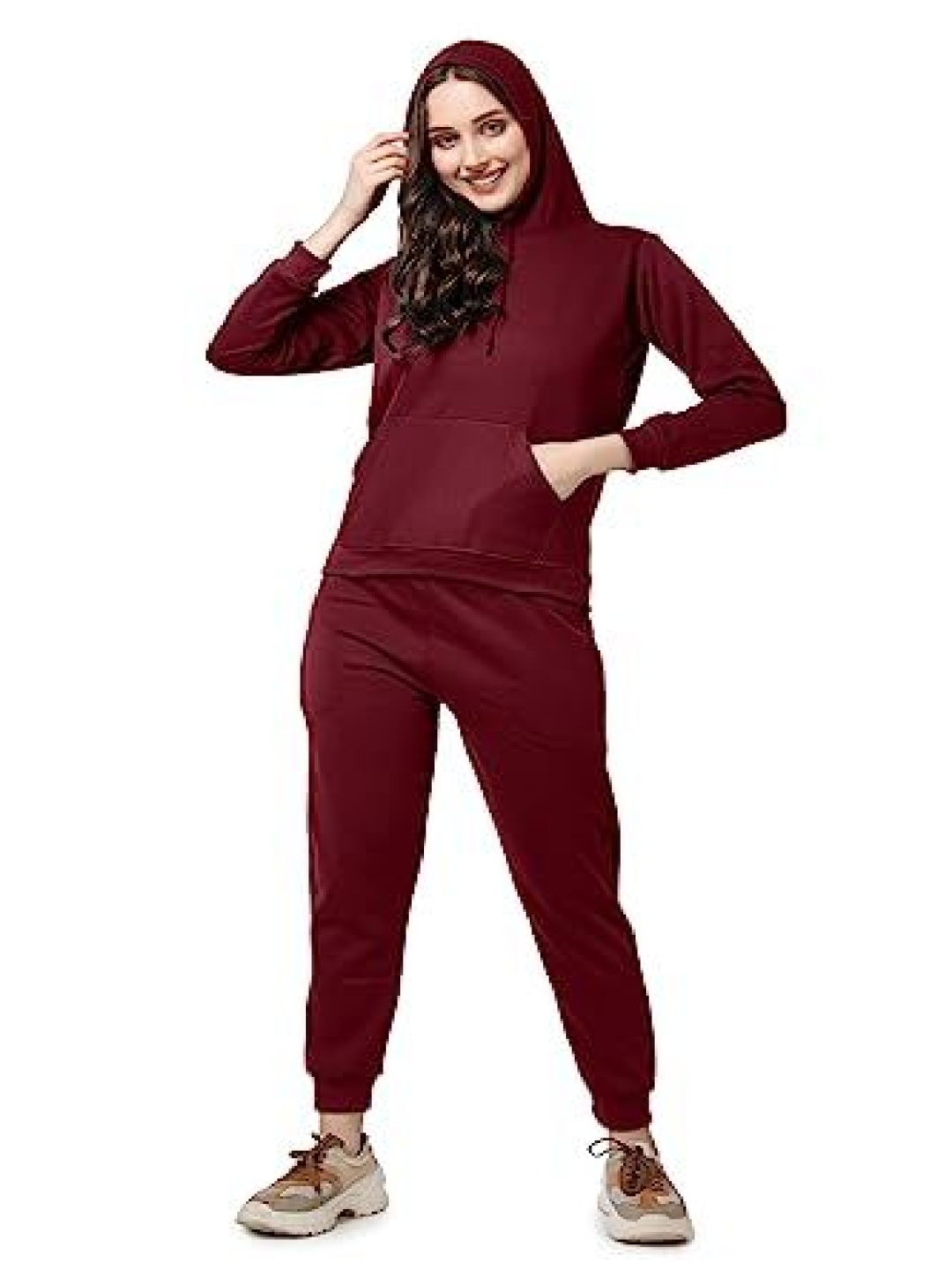 

NOTWILD Women Cotton Hooded Tracksuit, Maroon