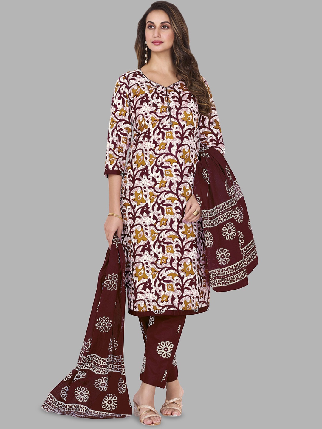 

Simmu Women Printed Regular Pure Cotton Kurta with Churidar & With Dupatta, Brown