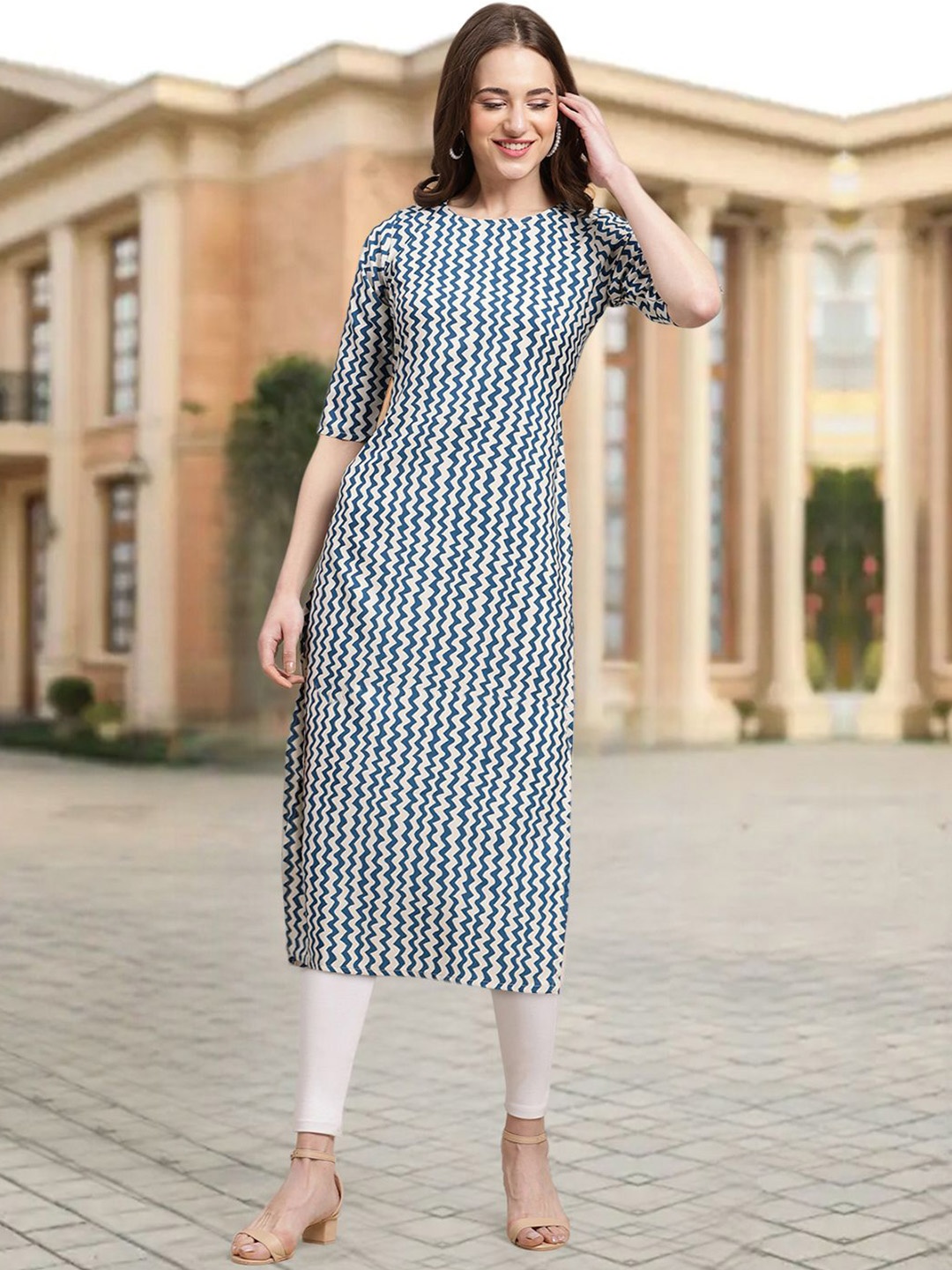 

7Threads Chevron Printed Round Neck Straight Kurta, White