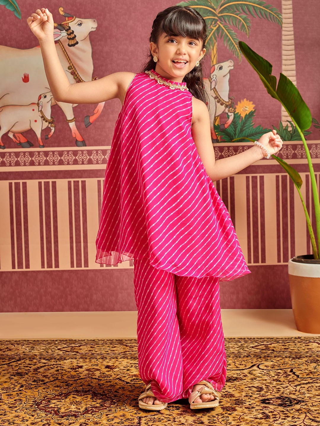 

MASTARANG Girls Leheriya Printed High Neck Beads Neck Georgette A-Line Kurta With Palazzo, Magenta