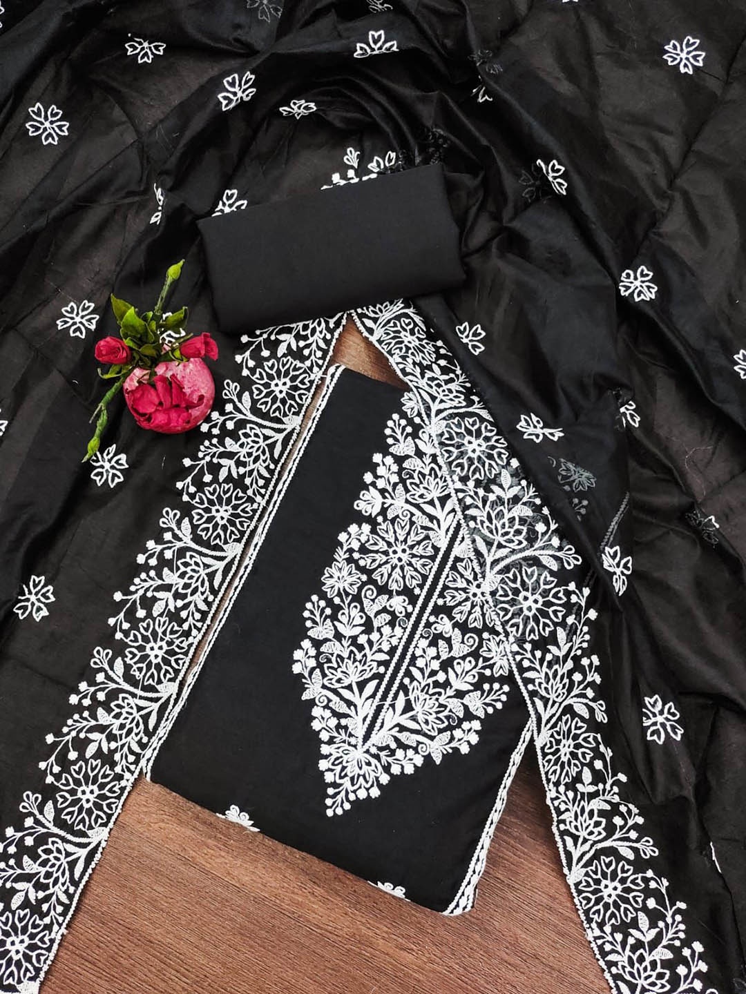 

BlissFlair Floral Embroidered Chanderi Cotton Unstitched Dress Material, Black