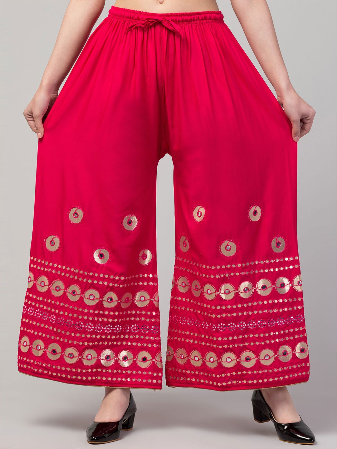 

FAMBEE Women Ethnic Motifs Embellished Flared Knitted Palazzos, Pink