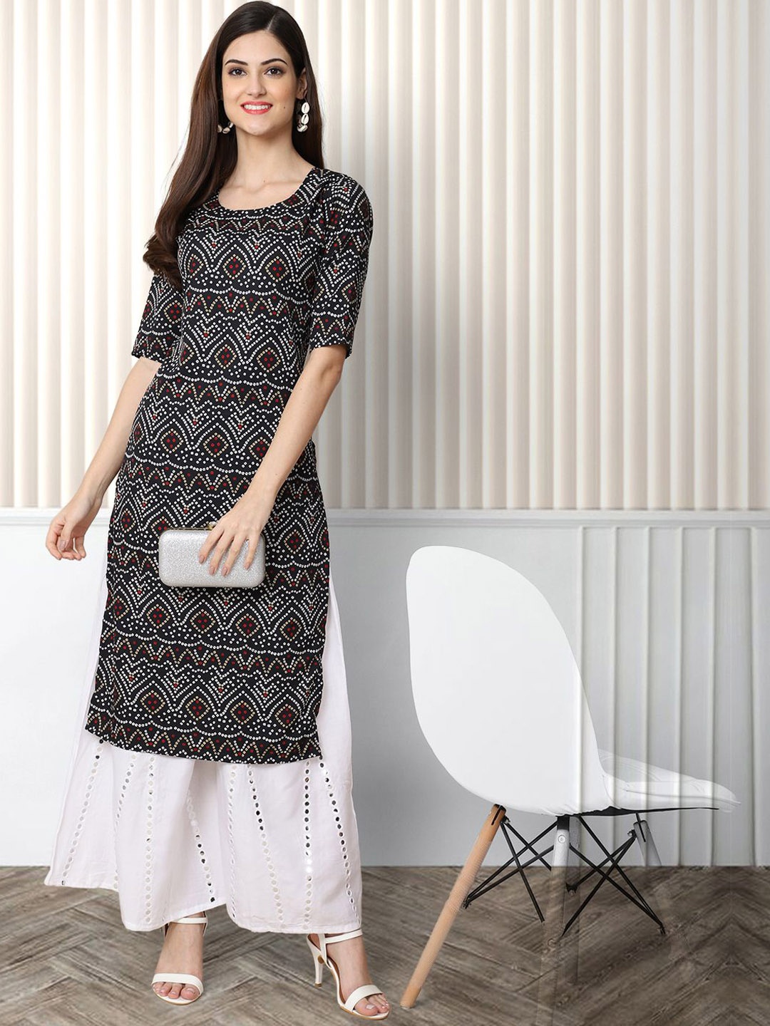 

Moda Rapido Bandhani Printed Round-Neck Straight Kurta, Black