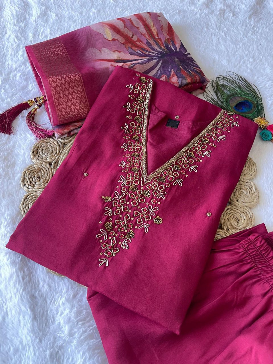 

XAYCRA CREATION Floral Yoke Design Beads Work Pure Silk Kurta With Pyjama & Dupatta, Purple