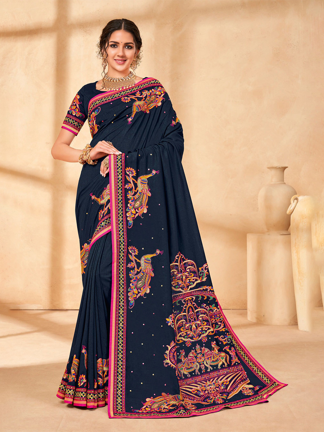 

Laxmipati Ethnic Motifs Embroidered Saree, Navy blue