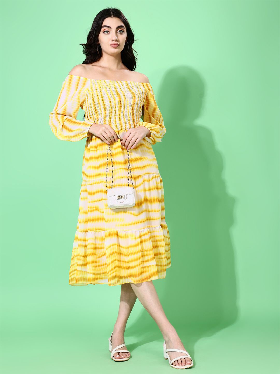 

Attire Empire Tie and Dye Dyed Off-Shoulder Puff Sleeve Fit & Flare Midi Dress, Yellow