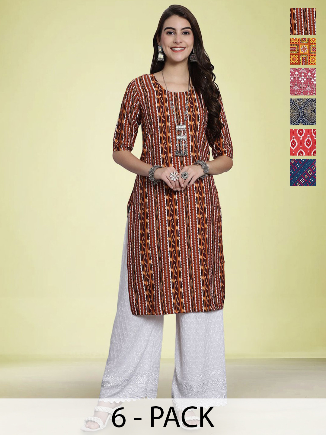 

Moda Rapido Selection Of 6 Ethnic Motifs Printed Round Neck Straight Kurtas, Brown