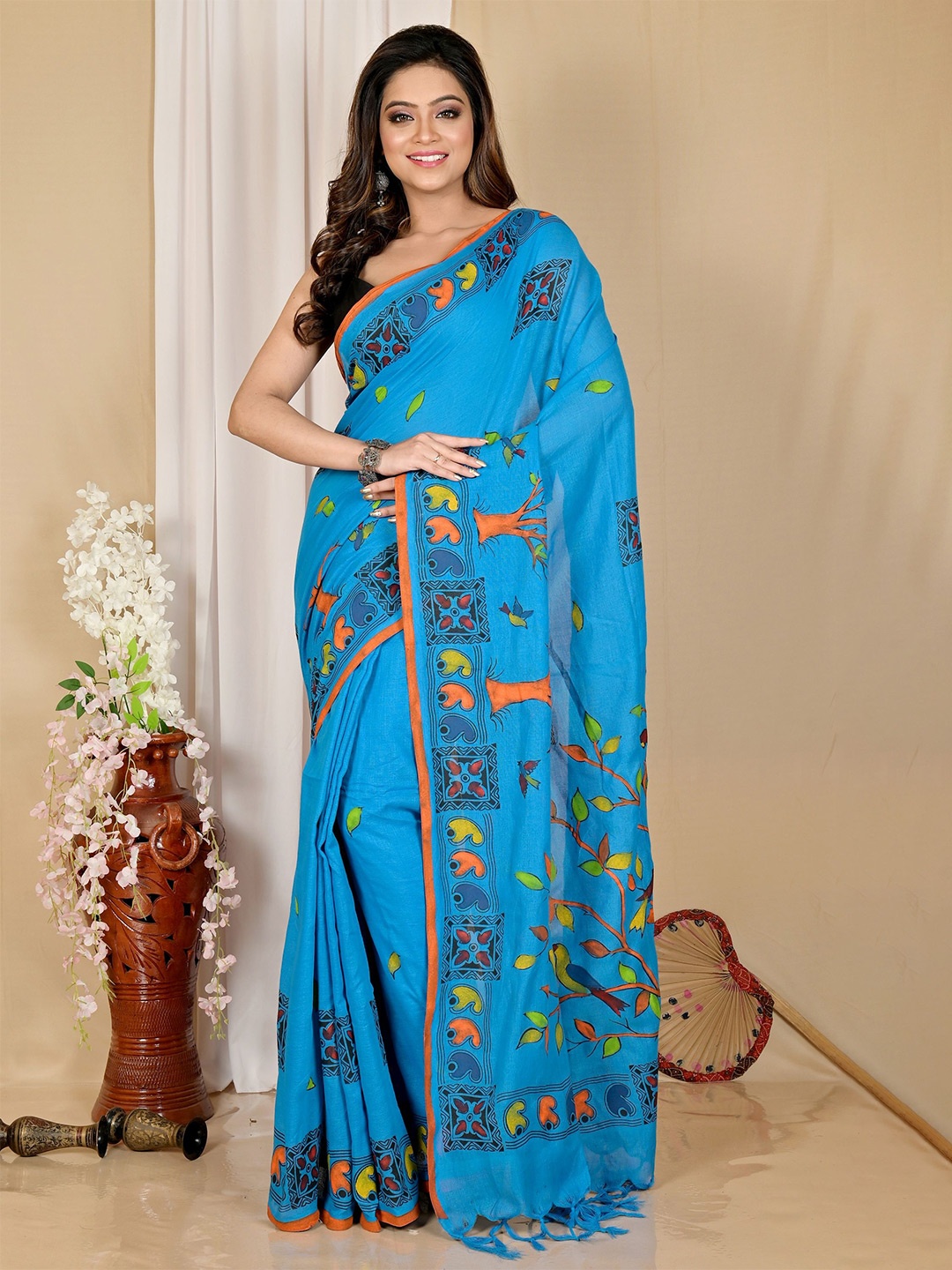 

DipDiya Paisley Pure Cotton Taant Saree, Blue