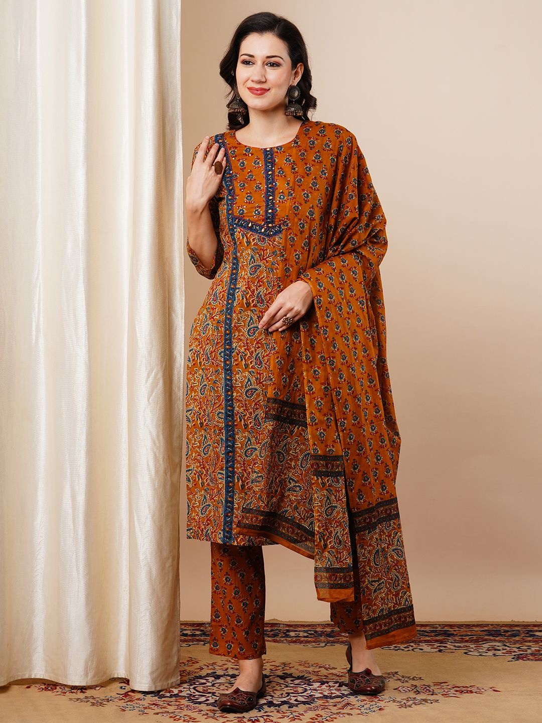 

FASHOR Women Floral Printed Regular Sequinned Pure Cotton Kurta with Trousers & With Dupatta, Mustard