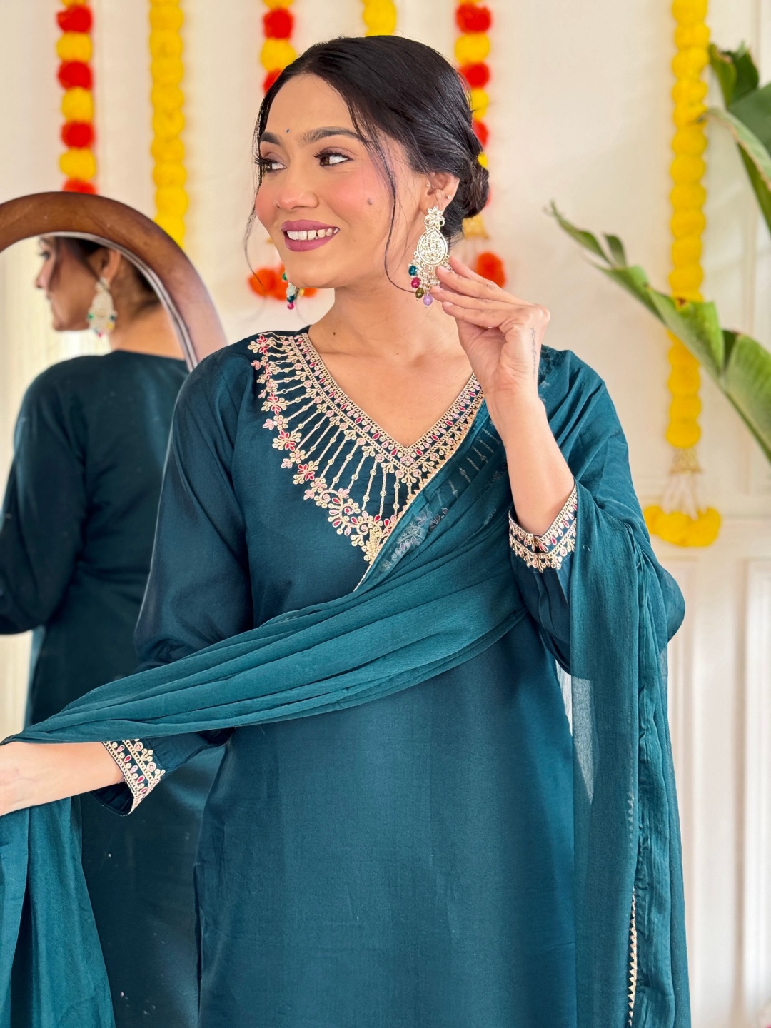 

KALINI Floral Embroidered V-Neck Straight Kurta With Trousers & Dupatta, Teal