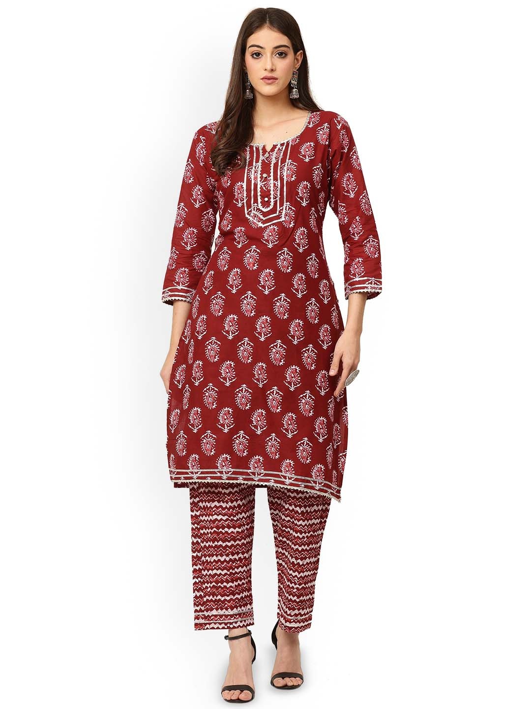 

Jivitha Pure Cotton Ethnic Motifs Printed Kurta With Trouser, Maroon