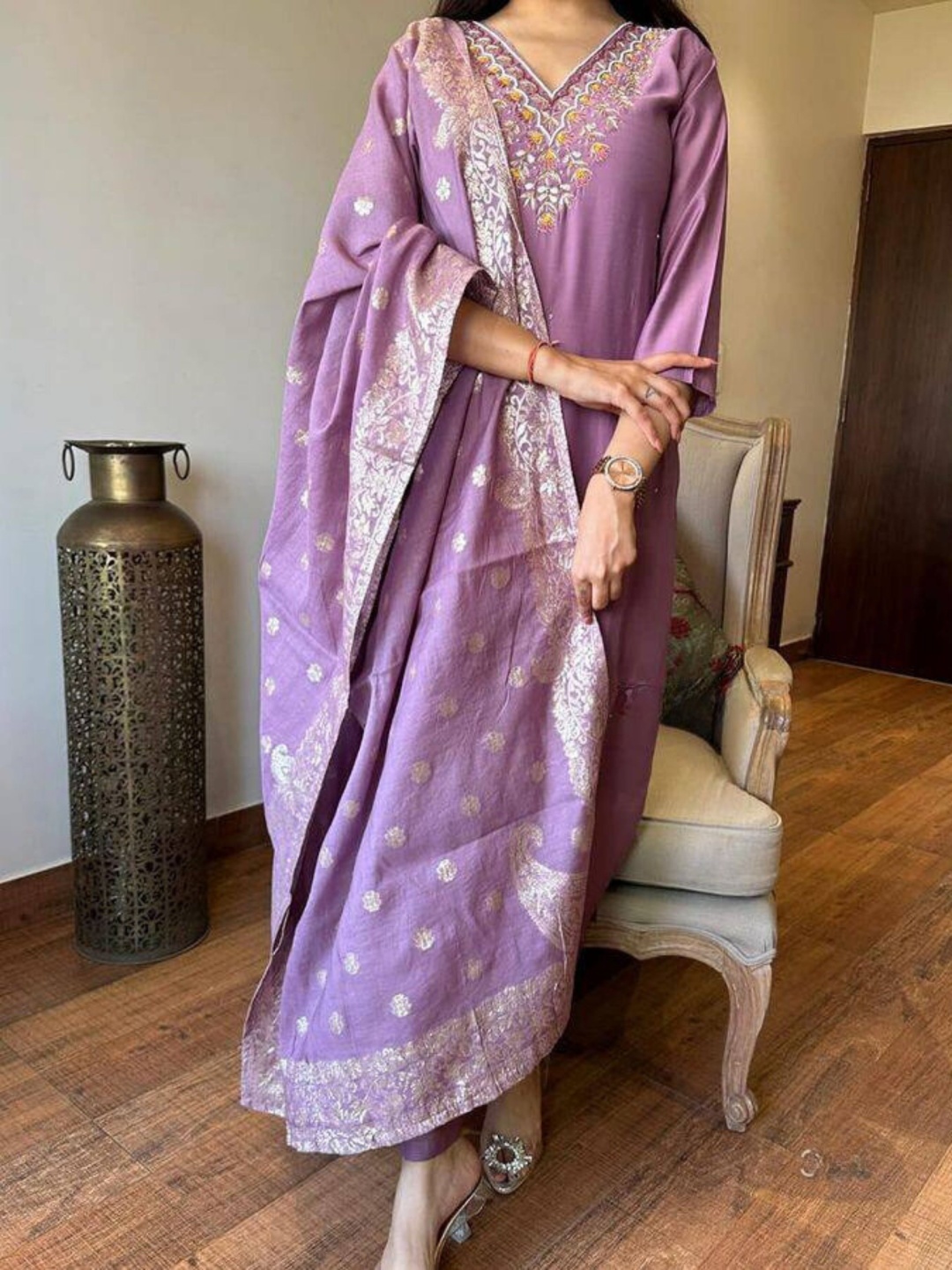 

KALINI Floral Embroidered Thread Work Chanderi Silk Straight Kurta With Trousers & Dupatta, Lavender