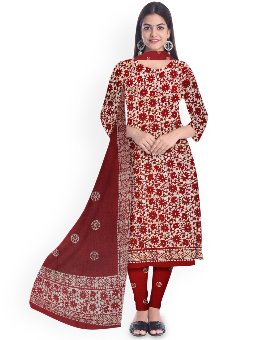 

Farooq Dyeing Floral Printed Batik Pure Cotton Unstitched Dress Material, Red