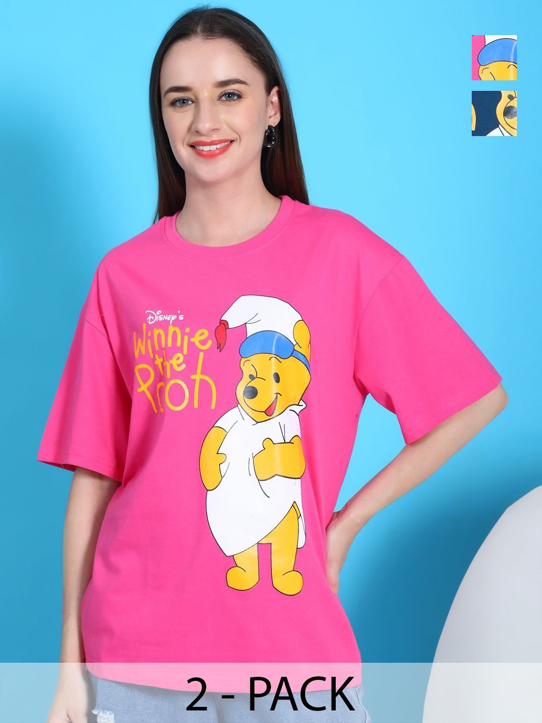 

Dreambe Women Pack Of 2 Winnie The Pooh Fusion Graphic Printed Cotton Oversized T-shirts, Pink