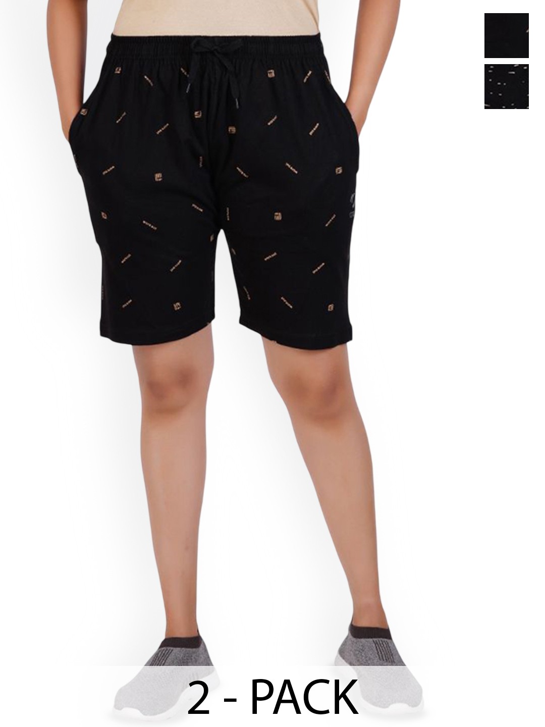 

FEEL TRACK Women Cotton Pack Of 2 Mid-Rise Printed Shorts, Black