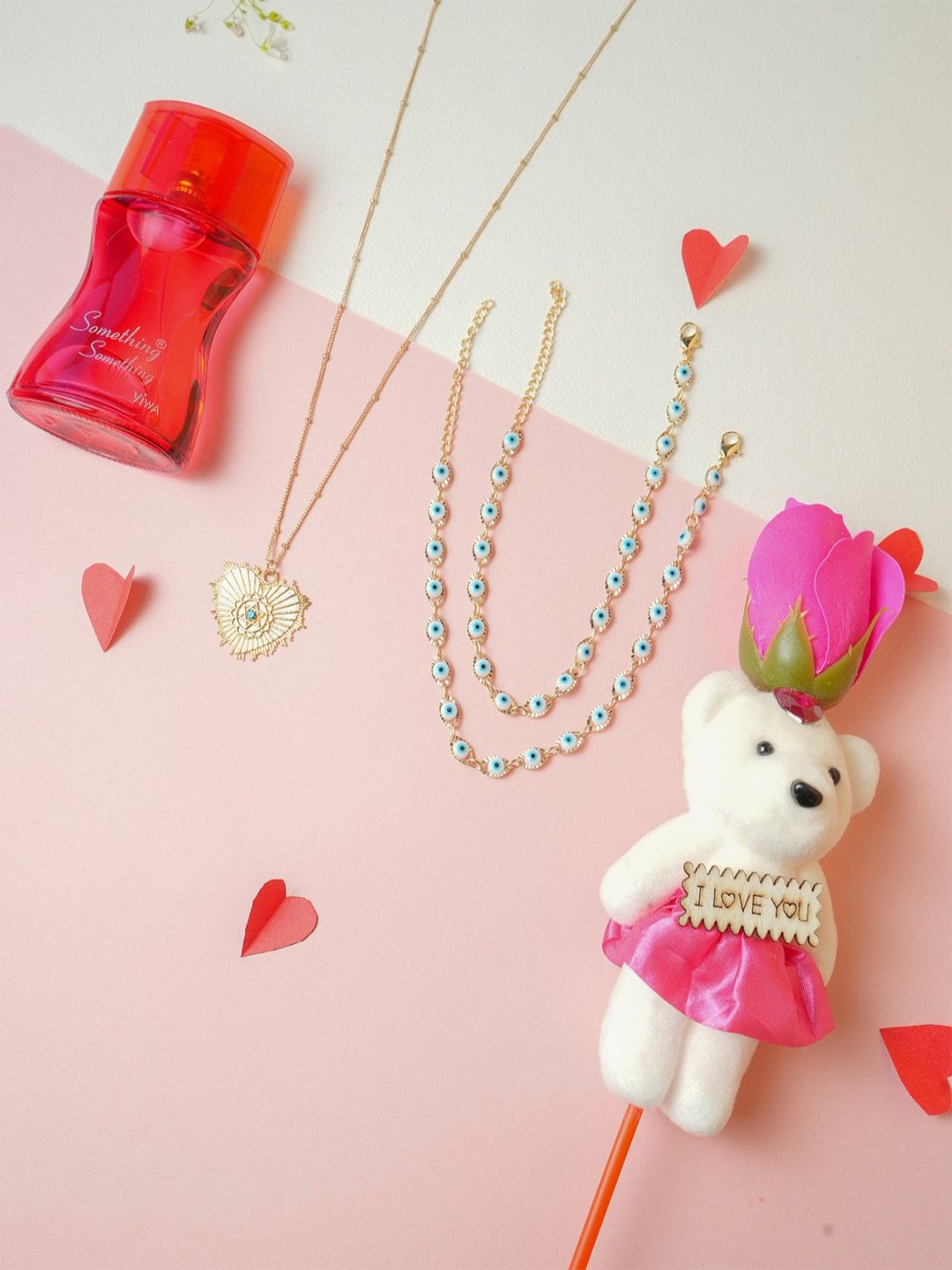 

VIRAASI Set Of 4 Valentine Teddy With Chain Anklet And Perfume Gift Set, Gold