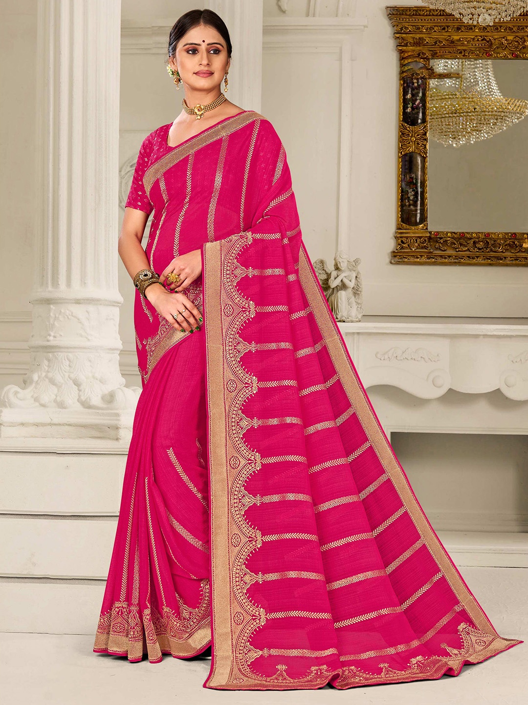 

Laxmipati Striped Embroidered with Lace border Saree, Pink