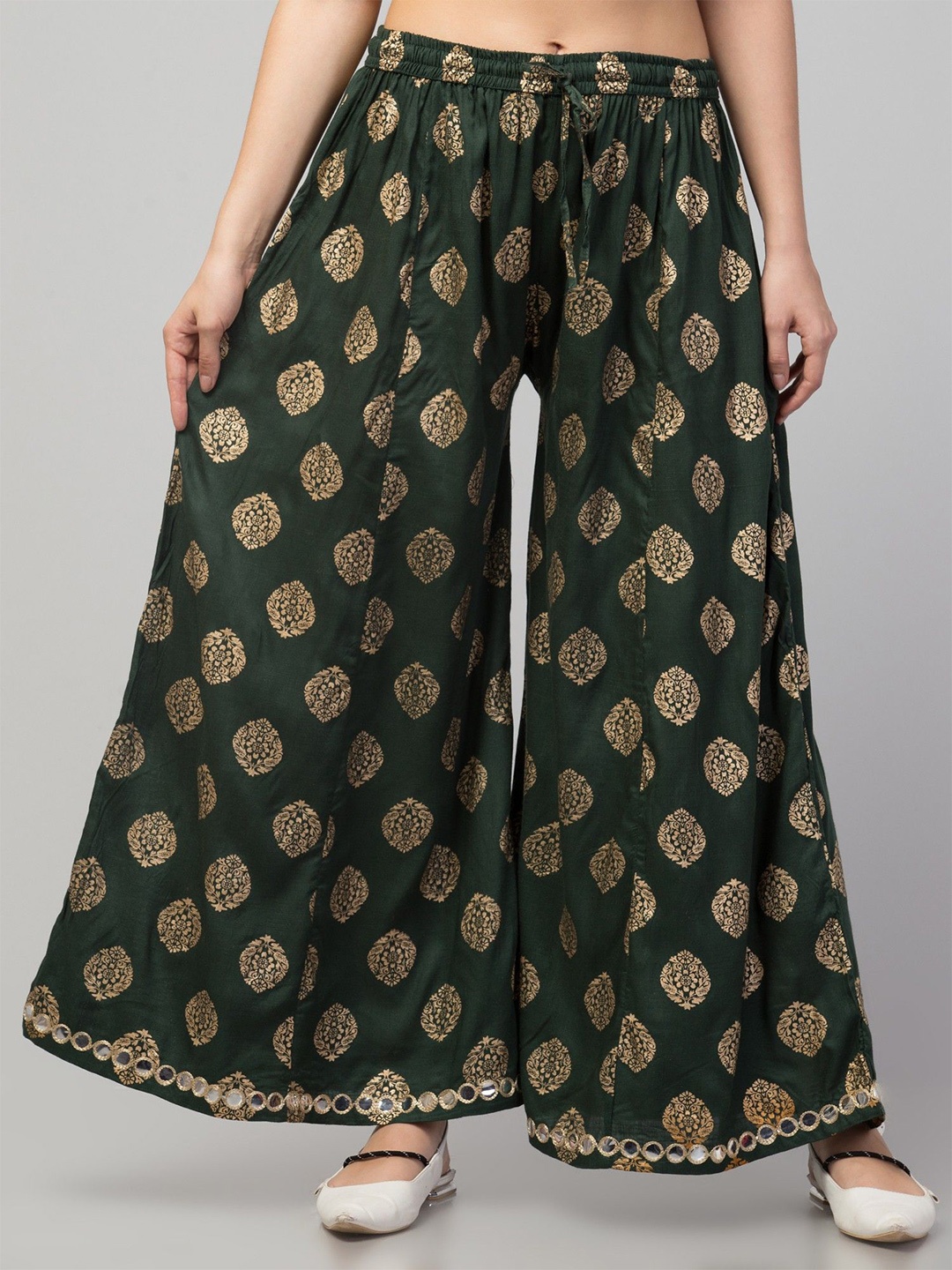 

FAMBEE Women Floral Printed Flared Knitted Palazzos, Green