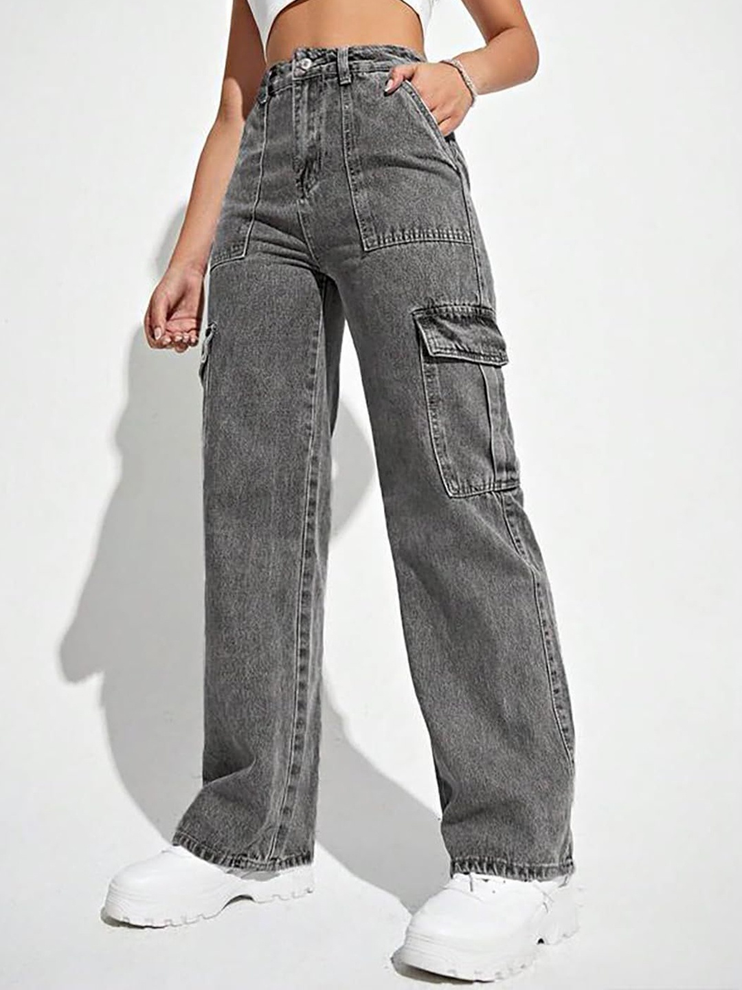 

DressBerry Women Comfort Wide Leg High-Rise Light Fade Cargo Stretchable Jeans, Grey