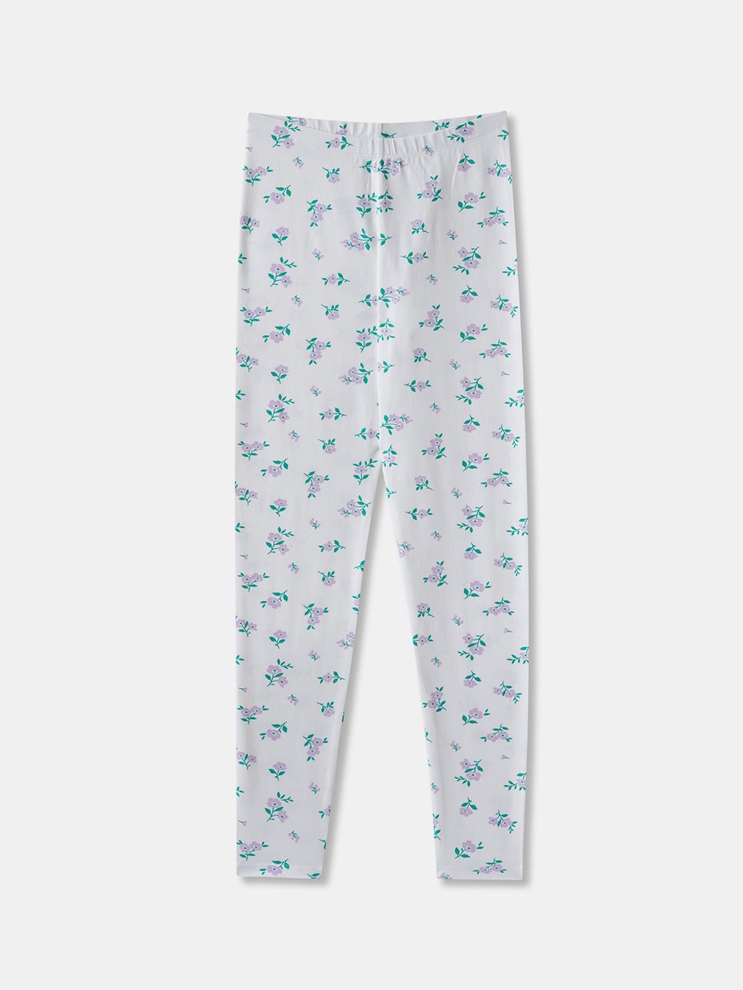 

R&B Girls Floral Printed Cotton Ankle-Length Leggings, White