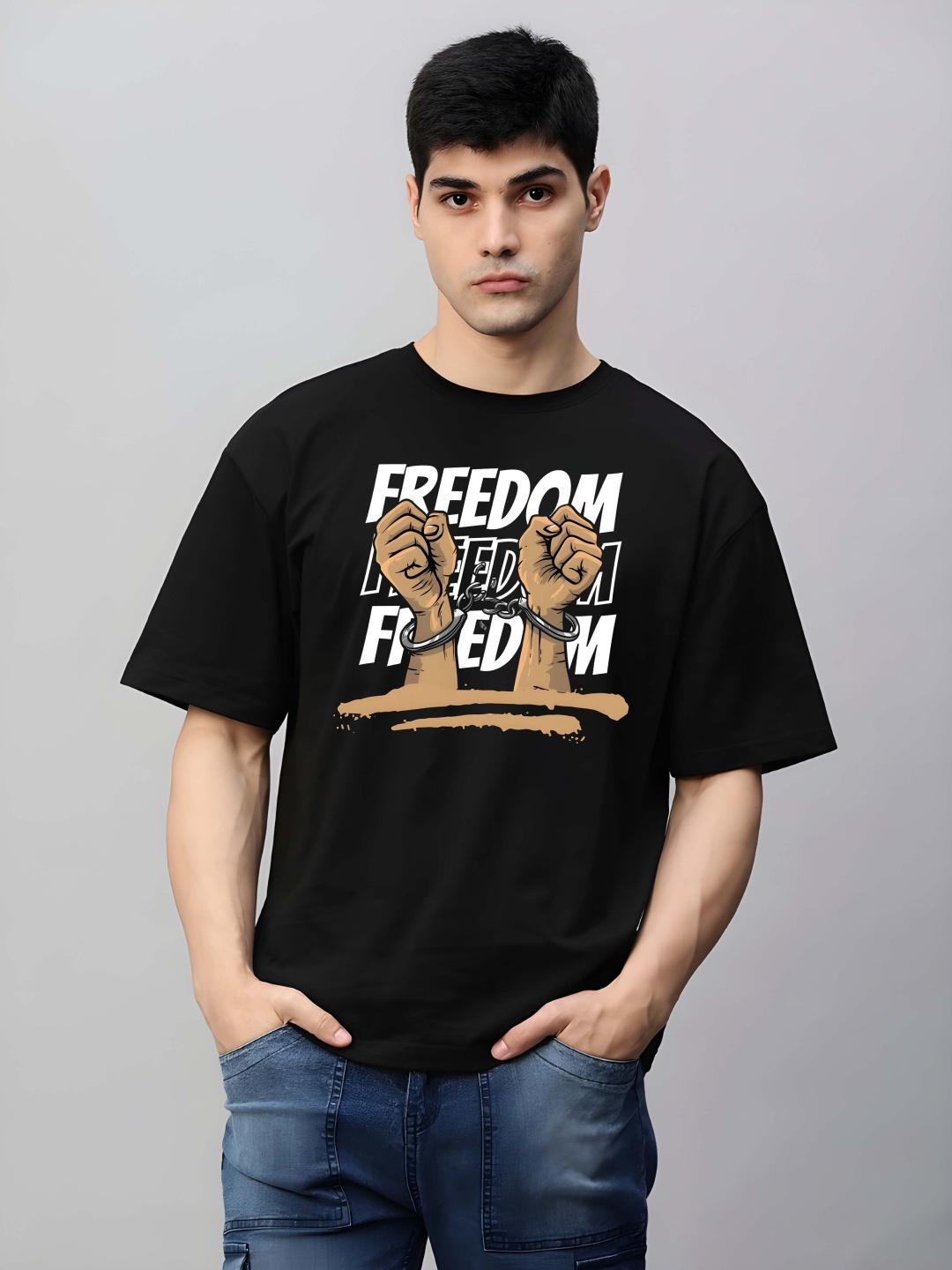 

BOWLIFESTYLE Men Graphic Printed Round Neck Cotton Oversized T-shirt, Black