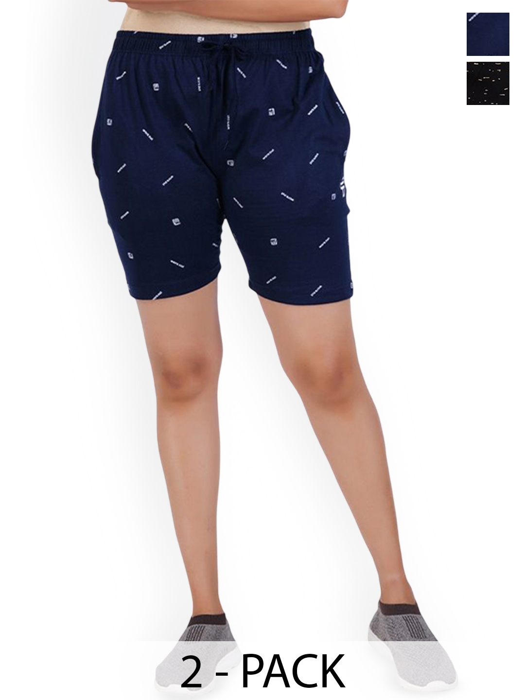 

FEEL TRACK Women Pack Of 2 Printed Cotton Shorts, Black