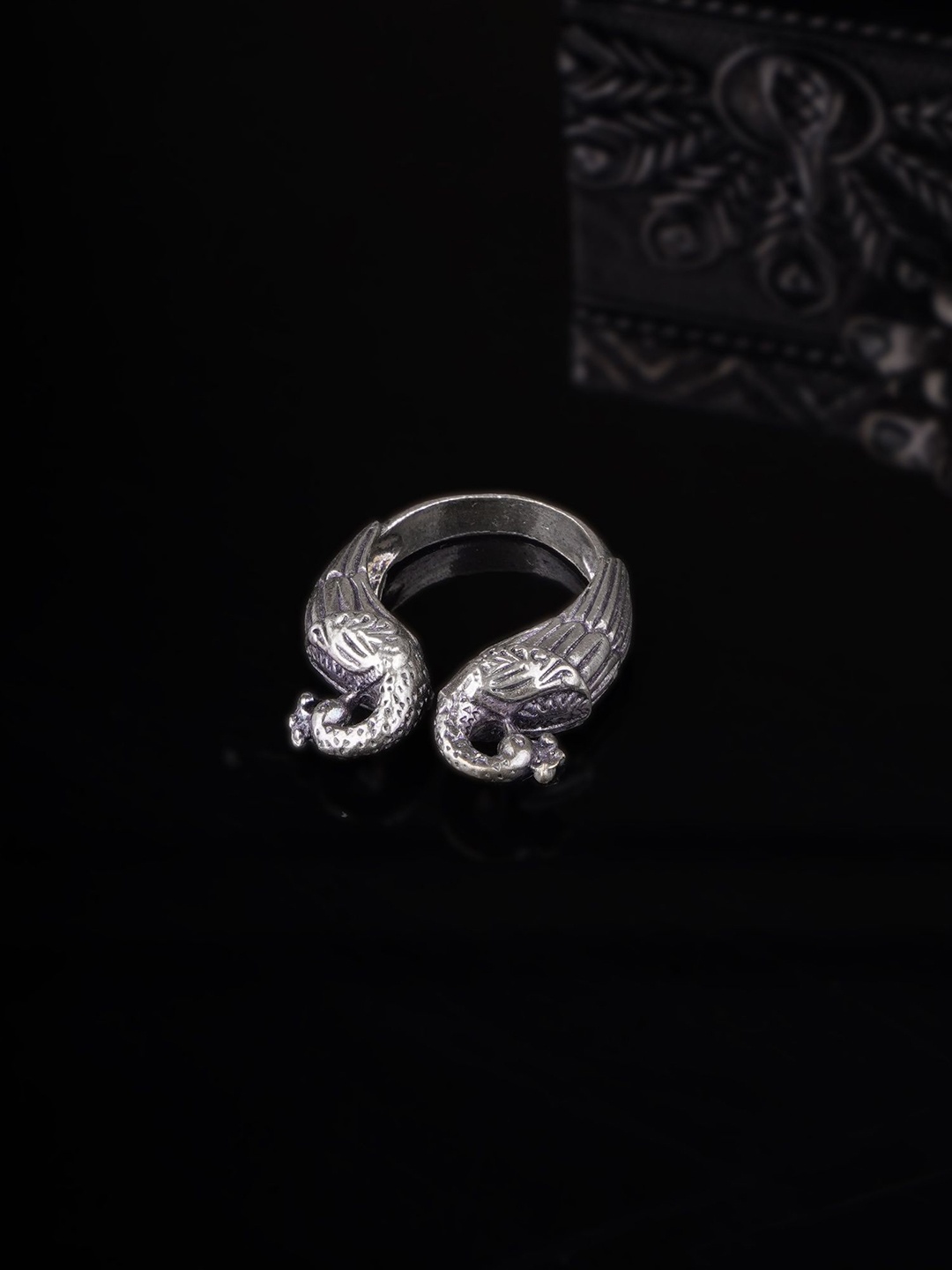 

Sangria Silver-Plated Peacock Shaped Oxidised Finger Ring