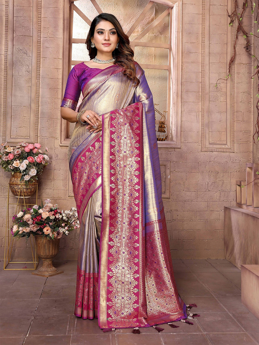 

Vintro Woven Design Zari Tissue Banarasi Saree, Purple