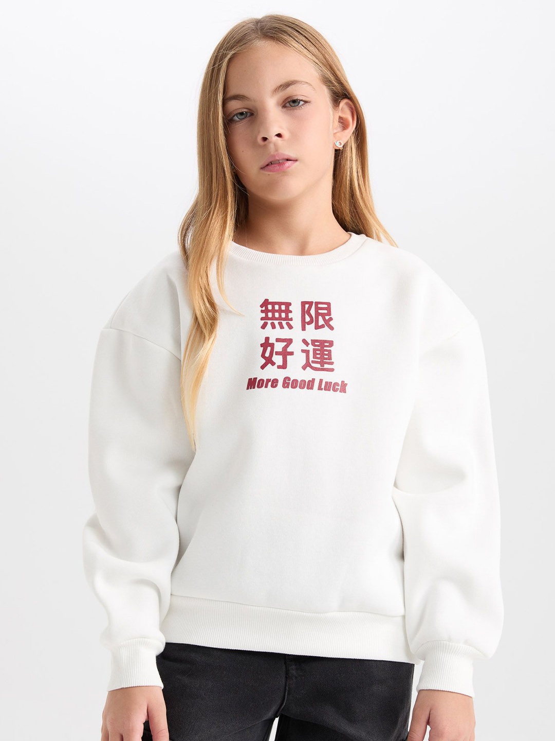 

DeFacto Girls Typography Printed Pullover, White