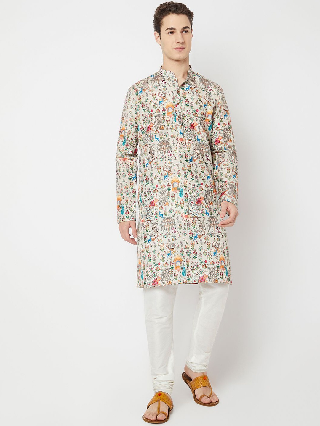 

BELLAZO Ethnic Motifs Printed Mandarin Collar Straight Kurta, Off white