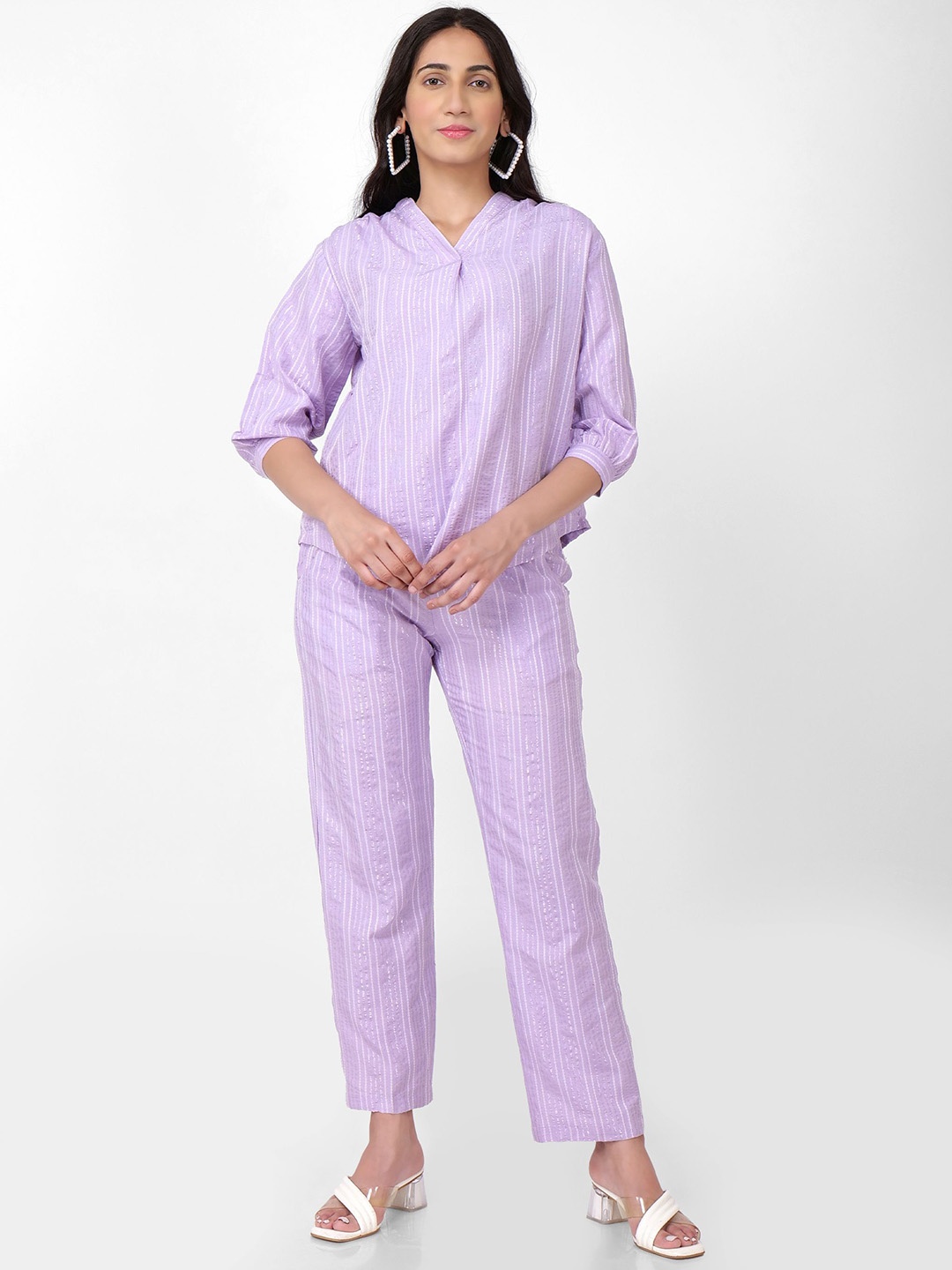 

Jivitha Striped Pure Cotton Top With Trousers, Lavender