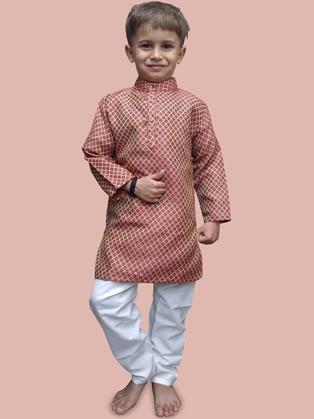 

BAESD Boys Woven Design Mandarin Collar Straight Pure Cotton Kurta With Pyjamas, Red