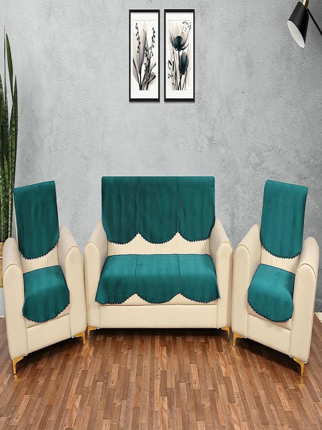 

Fashion Throw Teal Green 5 Pieces Quilted Five Seater Velvet Sofa Covers With Arms