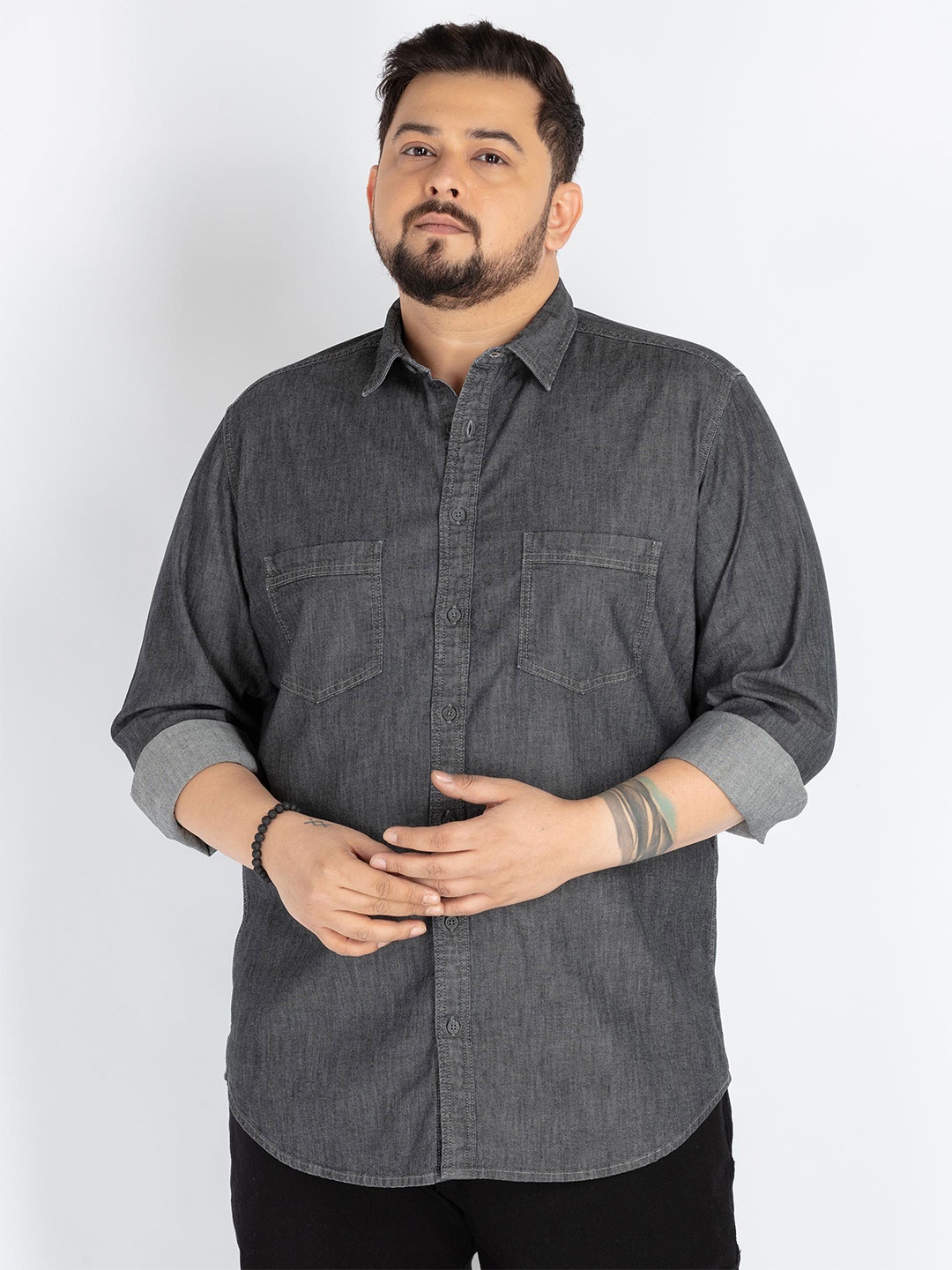 

UNSIZED Men Plus Size Comfort Oversized Fit Spread Collar Solid Cotton Casual Shirt, Grey