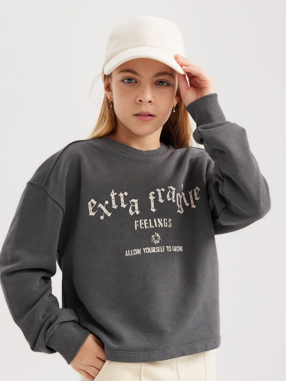 

DeFacto Girls Typography Printed Pure Cotton Pullover, Grey