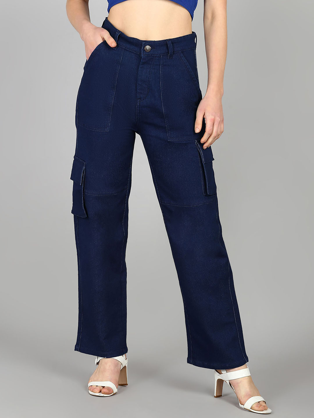 

DressBerry Women Comfort Straight Fit High-Rise Stretchable Cargo Styles Jeans, Navy blue