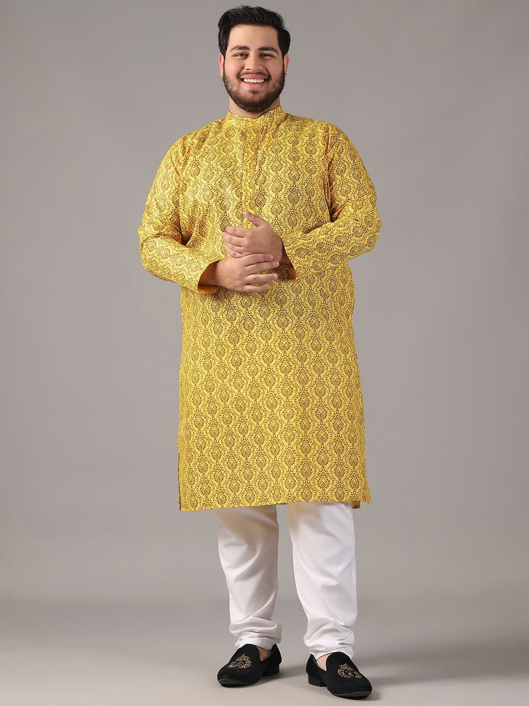 

SOJANYA PLUS Plus Size Men Ethnic Motifs Printed Band Collar Straight Kurta With Pyjamas, Mustard