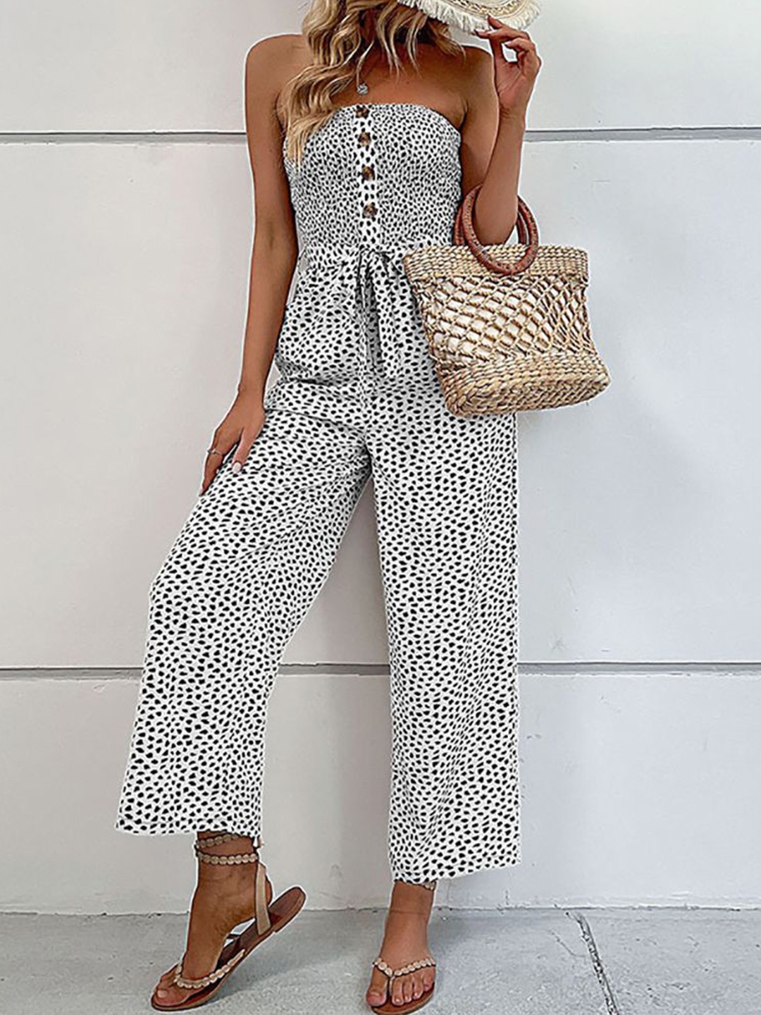 

StyleCast x Revolte Women Off-Shoulder Printed Basic Jumpsuit With Waist Tie-Ups, White