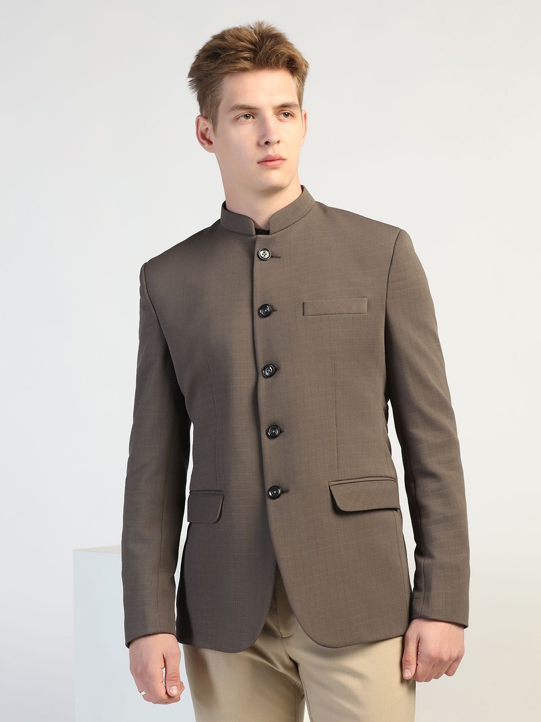 

TAHVO Checked Mandarin Collar Bandgala Blazer, Grey