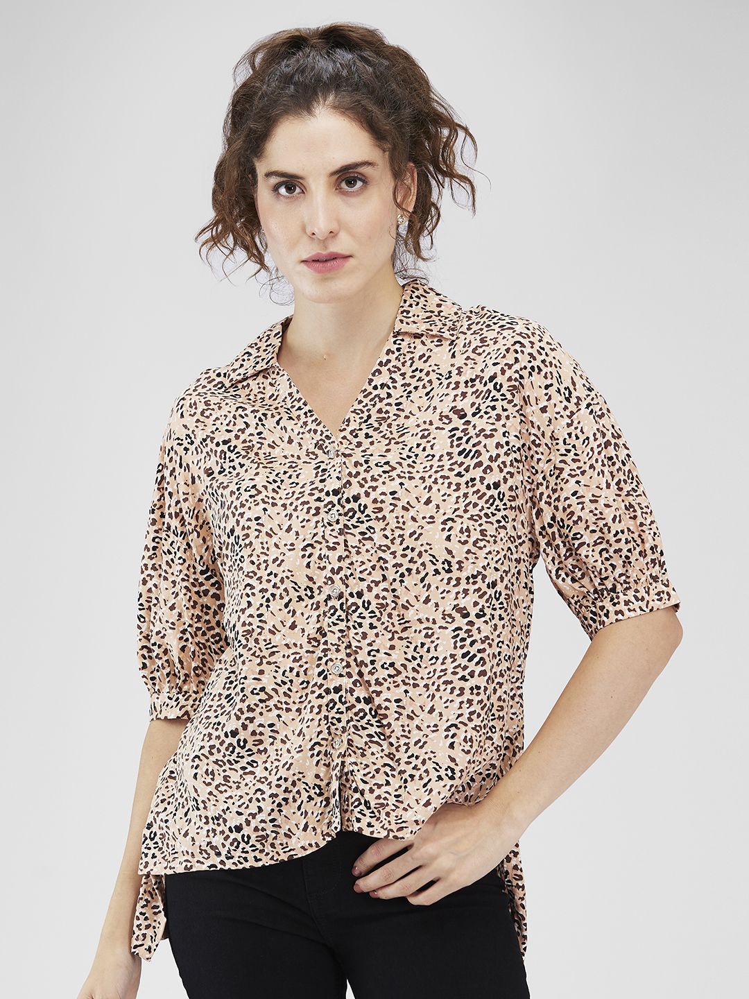 

Iti Women Spread Collar Animal Printed Casual Shirt, Beige