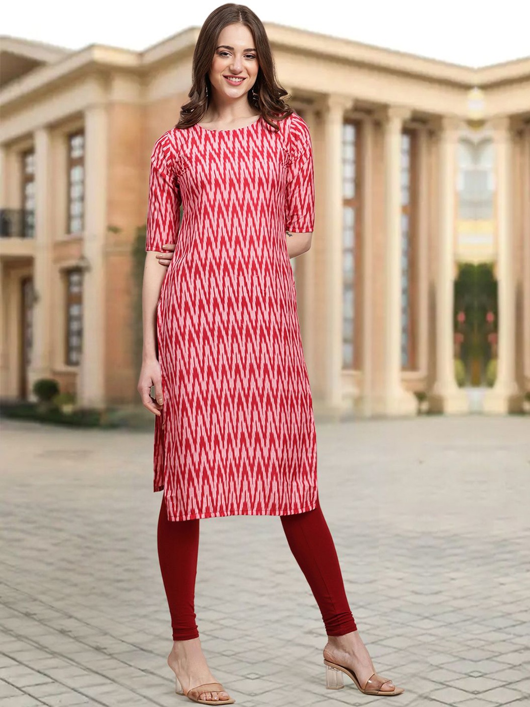 

7Threads Chevron Printed Round Neck Straight Kurta, Red