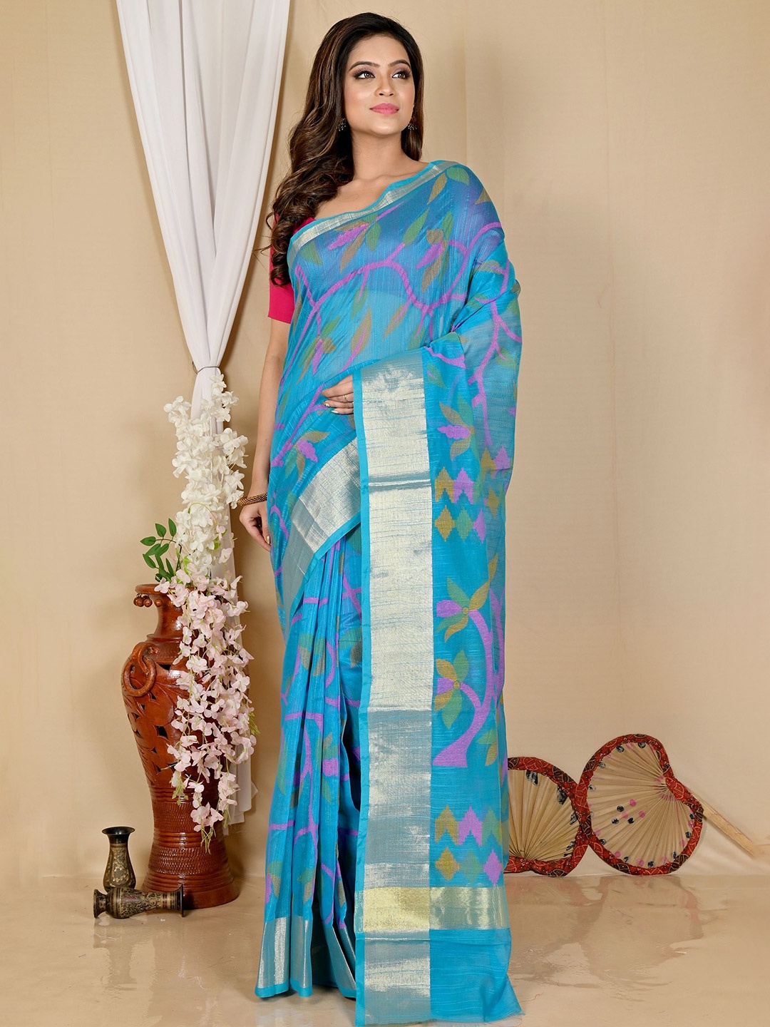 

PuJoy Woven Design Zari Taant Saree, Blue