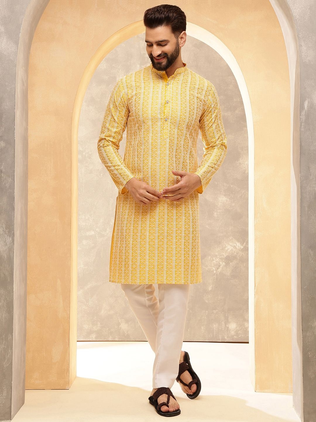 

Anouk Yellow Geometric Embroidered Mandarin Collar Straight Pure Cotton Kurta with Pyjamas