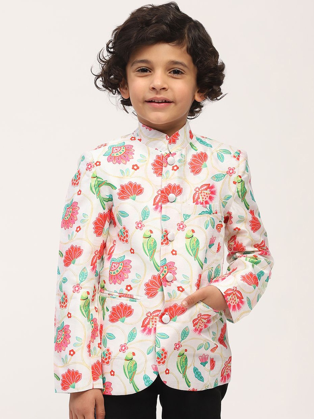 

SPUNKIES Boys Mandarin Collar Floral Printed Cotton Ethnic Tailored Jacket, White